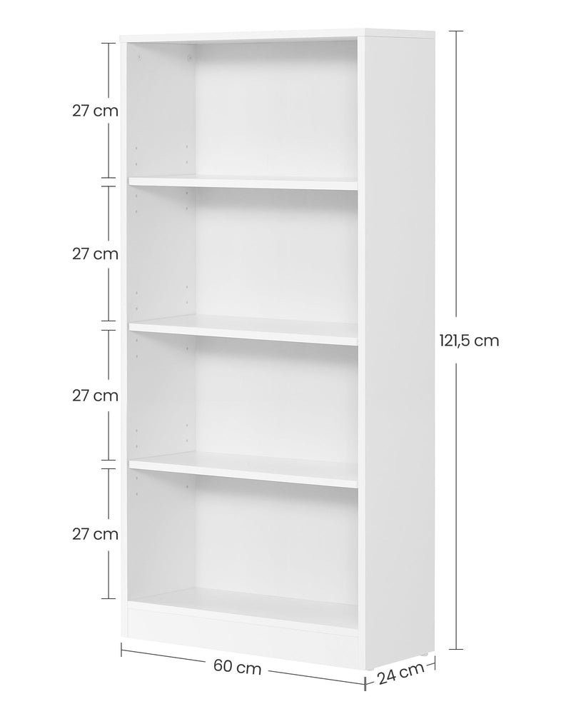 Dimensions diagram of the white 4-tier bookcase showing 60 x 24 x 121.5 cm and 27 cm shelf gaps