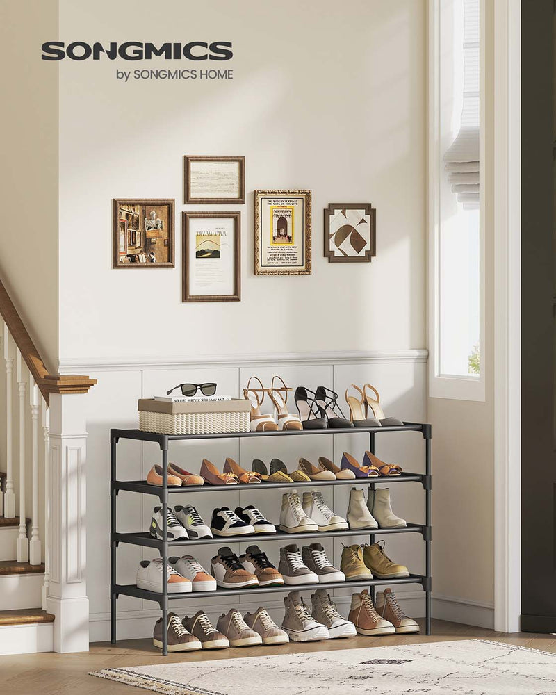 4-tier shoe rack fully loaded with shoes on each fabric shelf