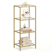 Vasagle 4 tier glass shelving unit in gold, front view with books and storage boxes