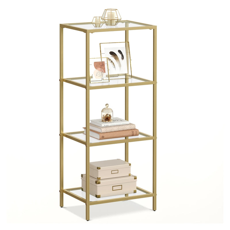 Vasagle 4 tier glass shelving unit in gold, front view with books and storage boxes