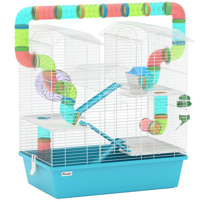 PawHut light blue 4 tier hamster cage with colourful tubes, wheel and hut on a white background