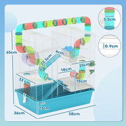 Dimension diagram showing 65 x 58 x 36 cm overall size, ramp, bar spacing and tube diameter