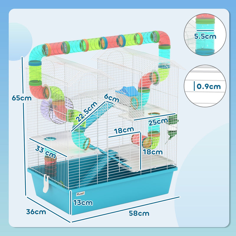 Dimension diagram showing 65 x 58 x 36 cm overall size, ramp, bar spacing and tube diameter