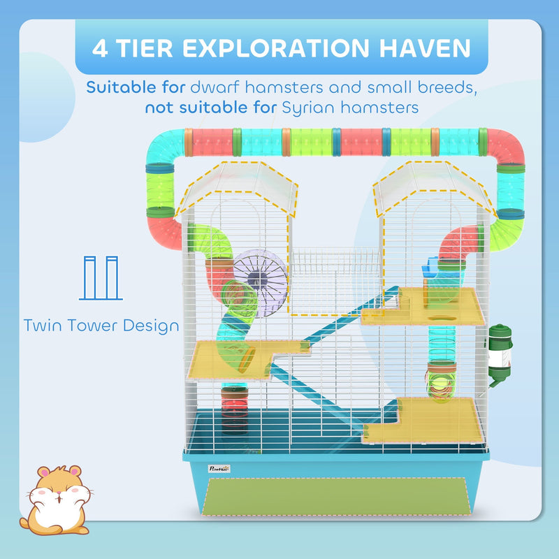 Labelled diagram of the twin-tower 4 tier layout, suitable for dwarf hamsters not Syrian hamsters