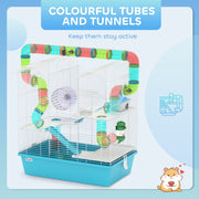 Close-up of the colourful connecting tubes and tunnels running between the cage towers