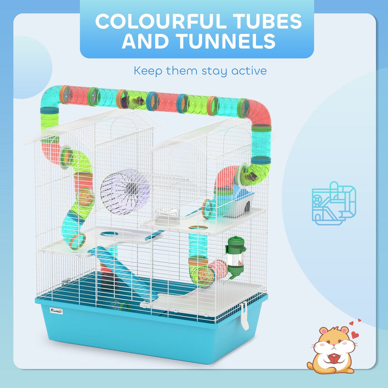 Close-up of the colourful connecting tubes and tunnels running between the cage towers