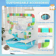 Labelled diagram of included accessories: wheel, hut, water bottle, ramps, perches and pipes