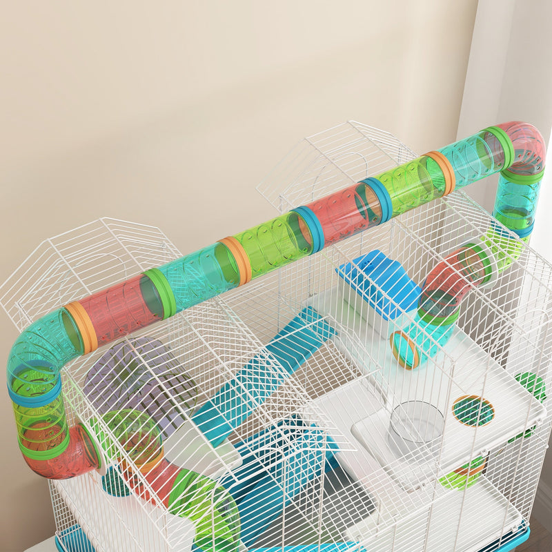 Close-up angle of the tube tunnel connections across the top of the cage