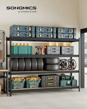 Shelving unit styled in a garage holding tools and boxes