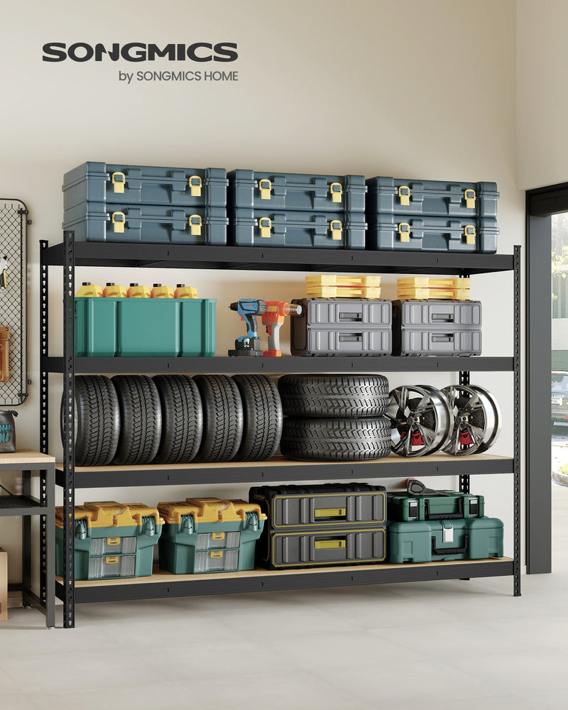 Shelving unit styled in a garage holding tools and boxes