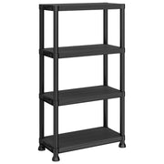 Black 4-tier plastic shelving unit on a plain background