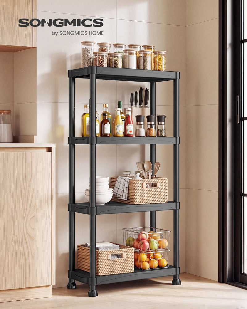 Black shelving unit in a kitchen holding jars, utensils and baskets
