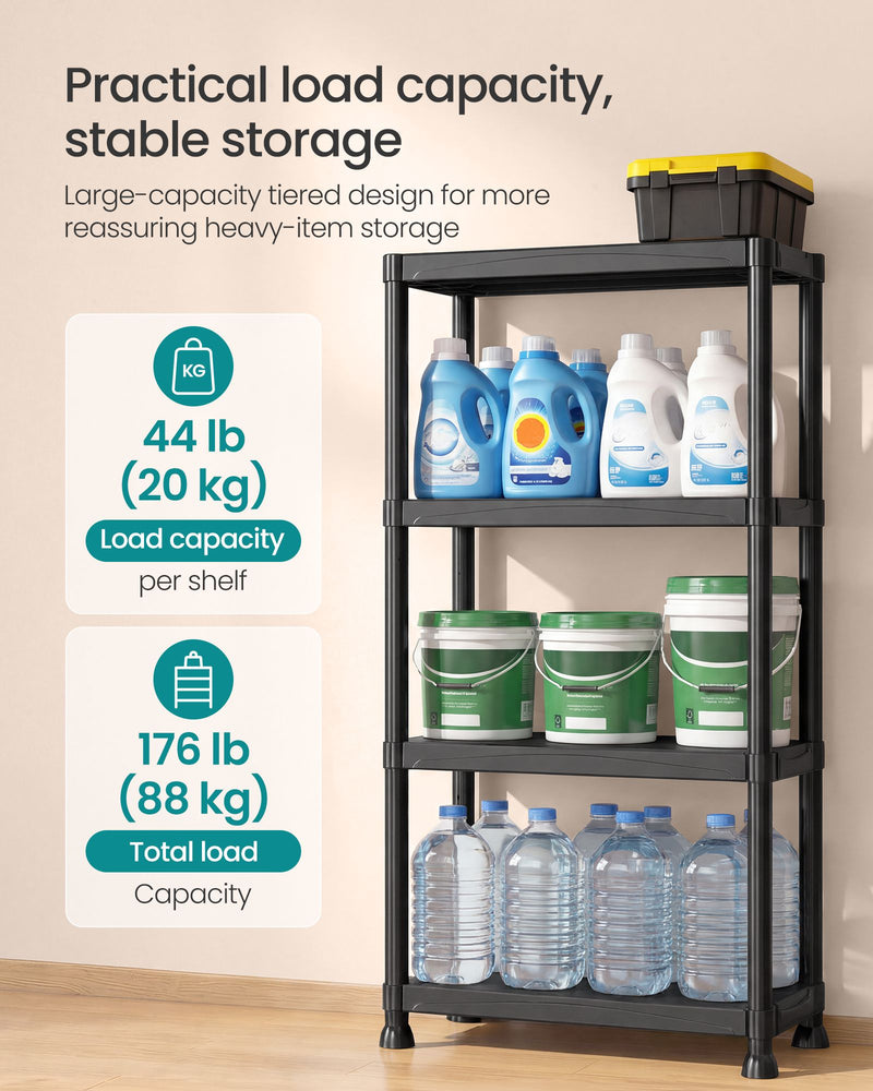 Shelving unit holding detergent, paint tubs and water bottles with a 20 kg per shelf label