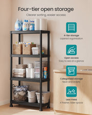 Shelving unit in a utility area with baskets and cleaning supplies, with four open tiers labelled
