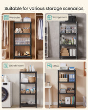 Four small scenes of the shelving unit in a wardrobe, storage room, laundry room and office