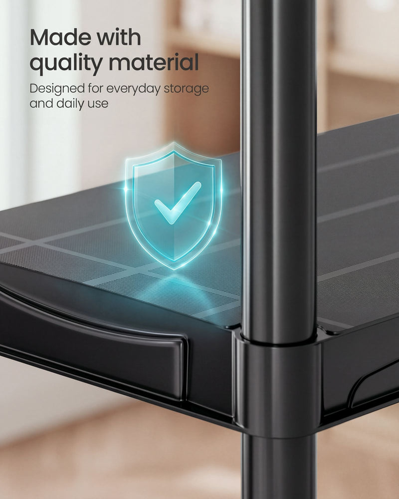 Close-up of a shelf corner and leg showing the black plastic material