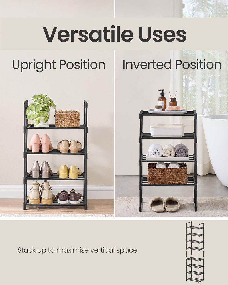 Panel comparing the rack in its upright position and inverted as a bathroom shelf unit