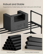 Stability panel showing a 10 kg weight on a shelf with steel tubes and plastic connectors