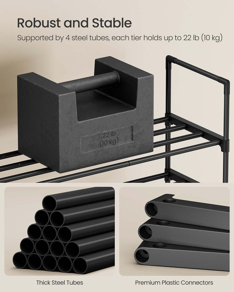 Stability panel showing a 10 kg weight on a shelf with steel tubes and plastic connectors
