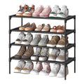 Narrow 4-tier shoe rack in black holding 3 pairs of shoes on each shelf