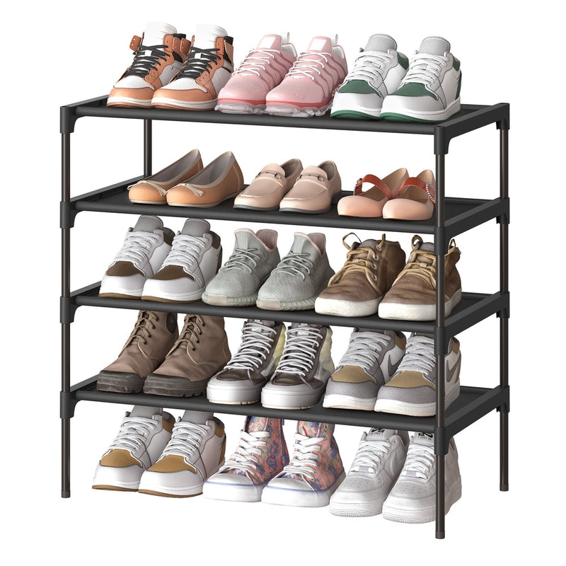 Narrow 4-tier shoe rack in black holding 3 pairs of shoes on each shelf