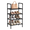 Black 4 tier shoe rack with a handbag on top and shoes on three shelves