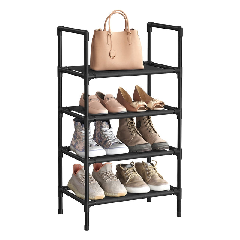 Black 4 tier shoe rack with a handbag on top and shoes on three shelves