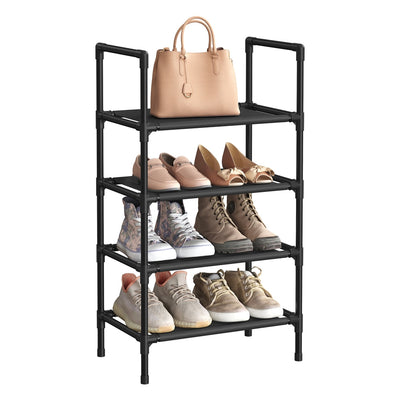 Black 4 tier shoe rack with a handbag on top and shoes on three shelves