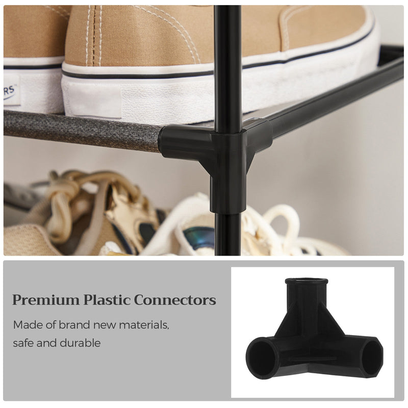 Close-up of the black metal frame joint under a fabric shelf holding trainers