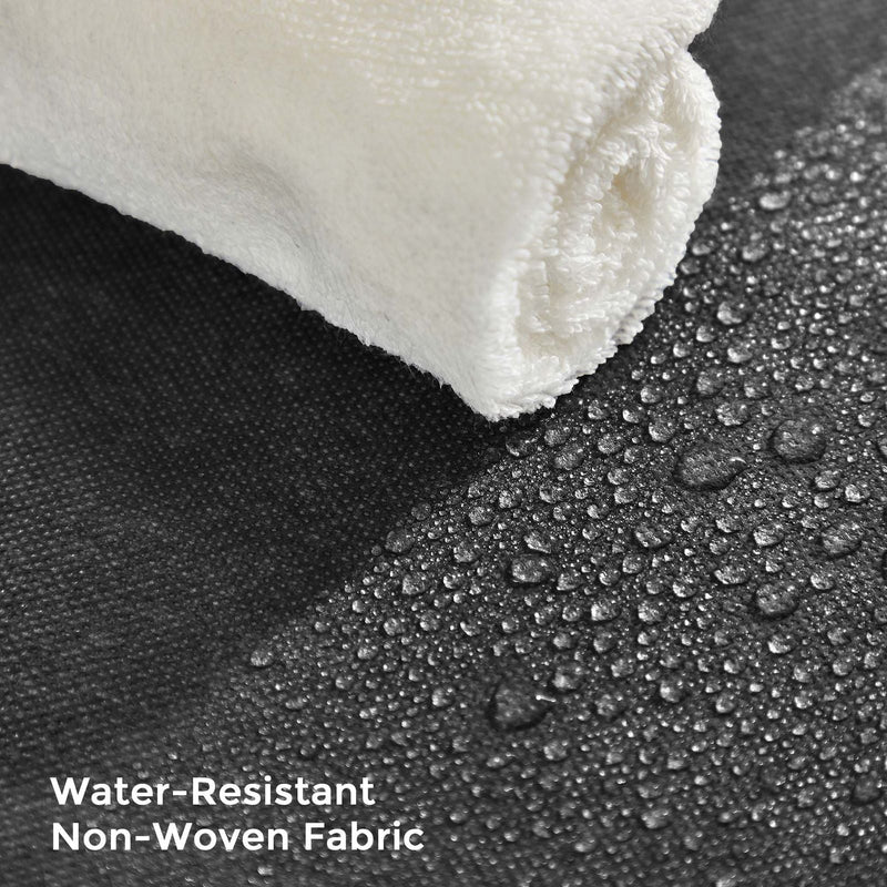 Water droplets beading on the water resistant fabric next to a white towel