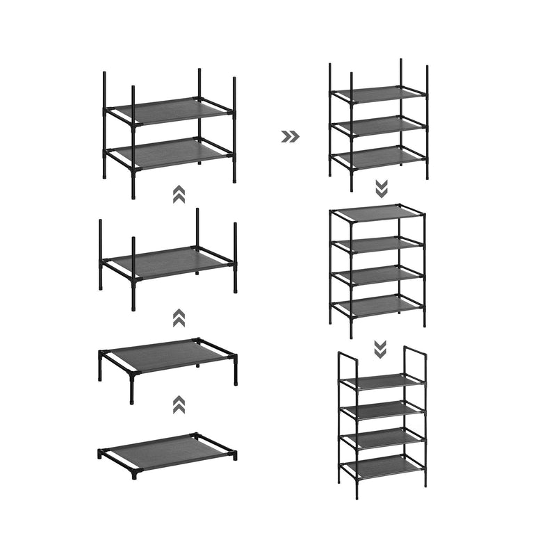Assembly diagram showing the shelves and frame tubes fitting together