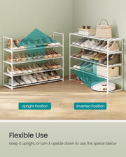 Shoe rack styled in a hallway holding shoes