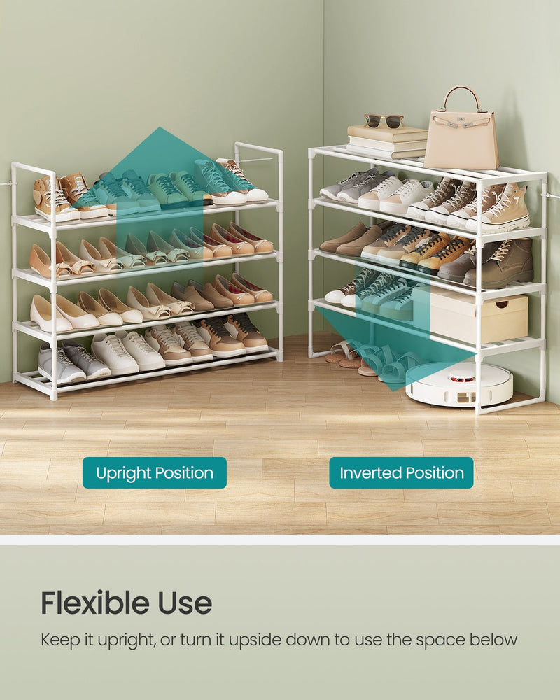 Shoe rack styled in a hallway holding shoes