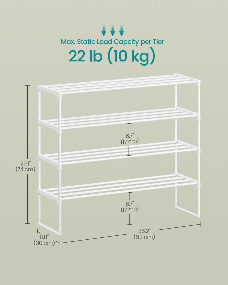 Two shoe racks stacked to save floor space