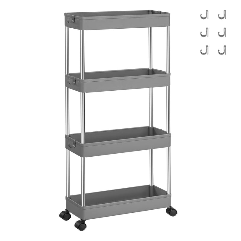 Grey 4-tier slim storage trolley on castors shown with the 6 side hooks included
