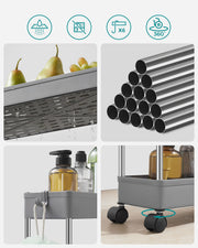 Close-ups of the slotted draining shelf base, steel poles, a side hook and a swivel castor