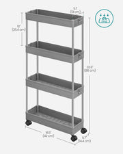 Dimensions diagram of the grey storage trolley: 42 cm wide, 14.4 cm deep and 86 cm high