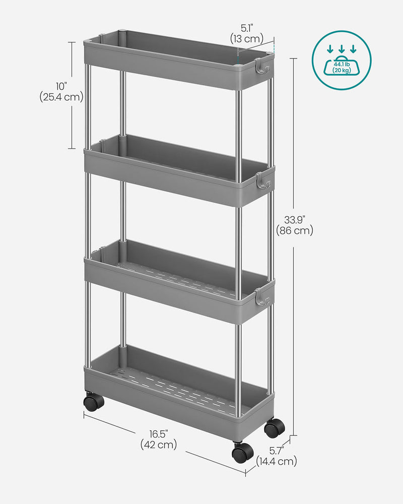 Dimensions diagram of the grey storage trolley: 42 cm wide, 14.4 cm deep and 86 cm high