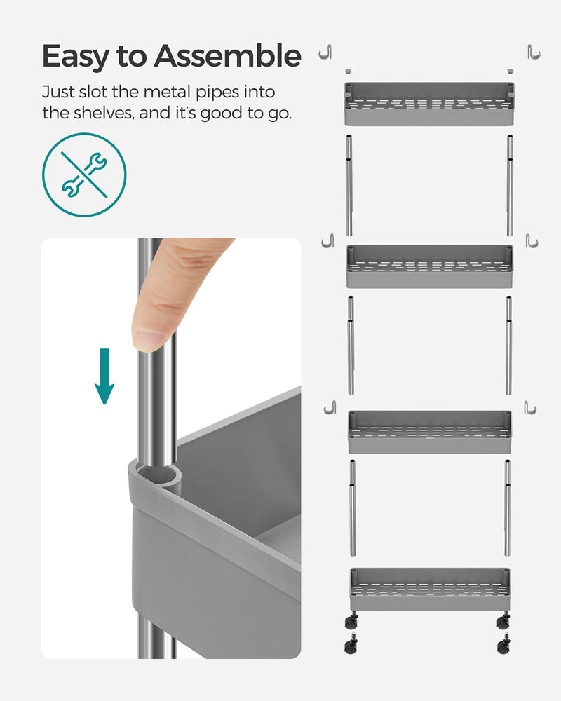 Tool-free assembly diagram showing steel poles slotting into the grey plastic shelves