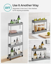 The grey trolley split into two separate 2-tier shelf units on a worktop and by a basin