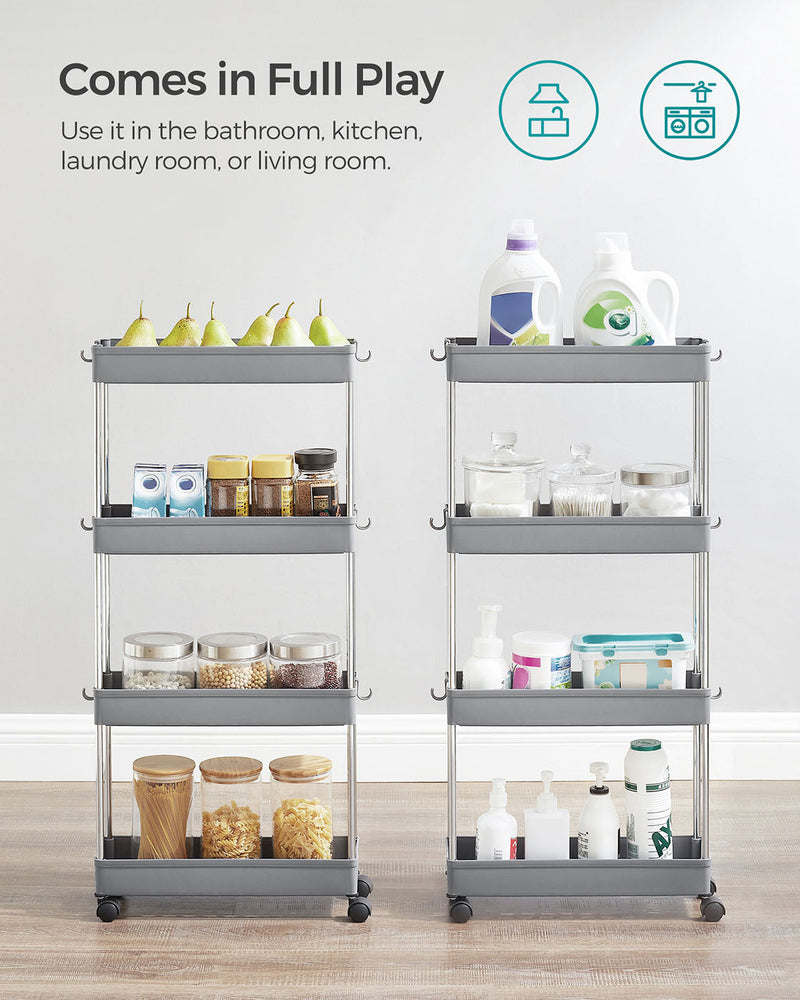 Two grey 4-tier trolleys side by side, one holding kitchen jars and one holding laundry bottles