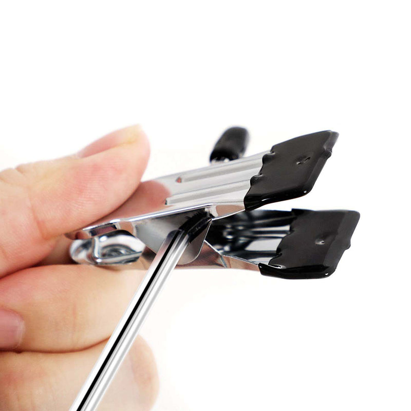 Close-up of a hand adjusting the black PVC-coated clip on the chrome frame