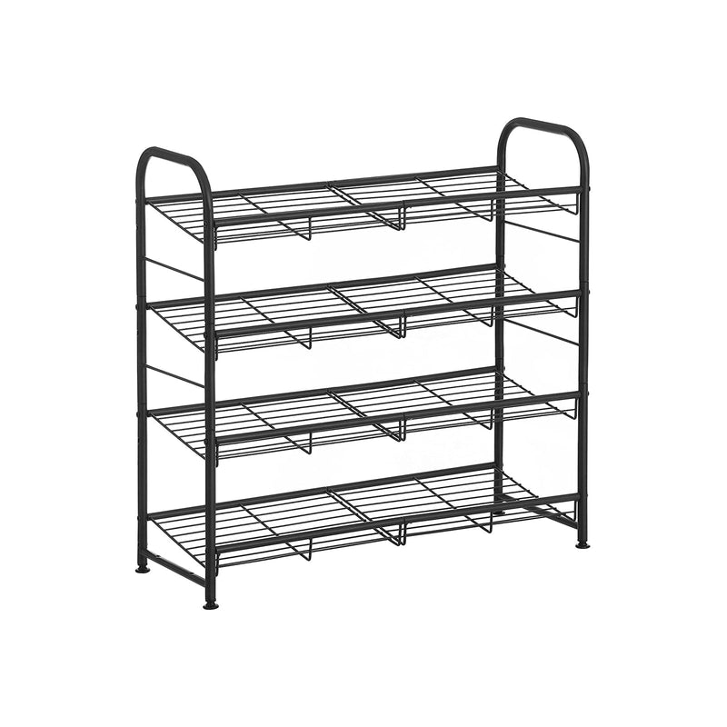 Empty black steel 4-tier shoe rack with sloped wire shelves on a white background