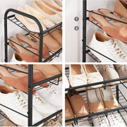 Close-ups of the sloped wire shelves and the two adjustable shelf height positions