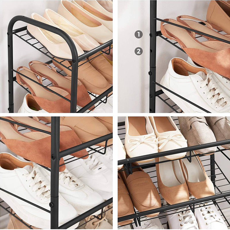 Close-ups of the sloped wire shelves and the two adjustable shelf height positions