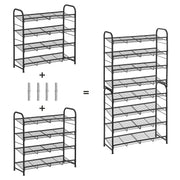 Diagram showing two 4-tier racks joined by connector rods to make an 8-tier unit