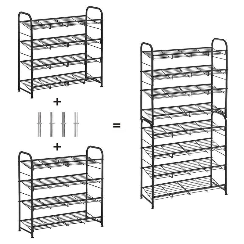Diagram showing two 4-tier racks joined by connector rods to make an 8-tier unit