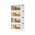 White 4-tier stackable storage boxes with clear doors on castors, plain studio view