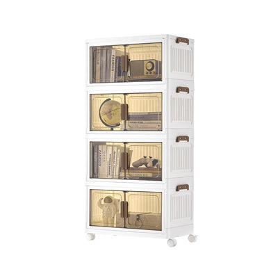 White 4-tier stackable storage boxes with clear doors on castors, plain studio view