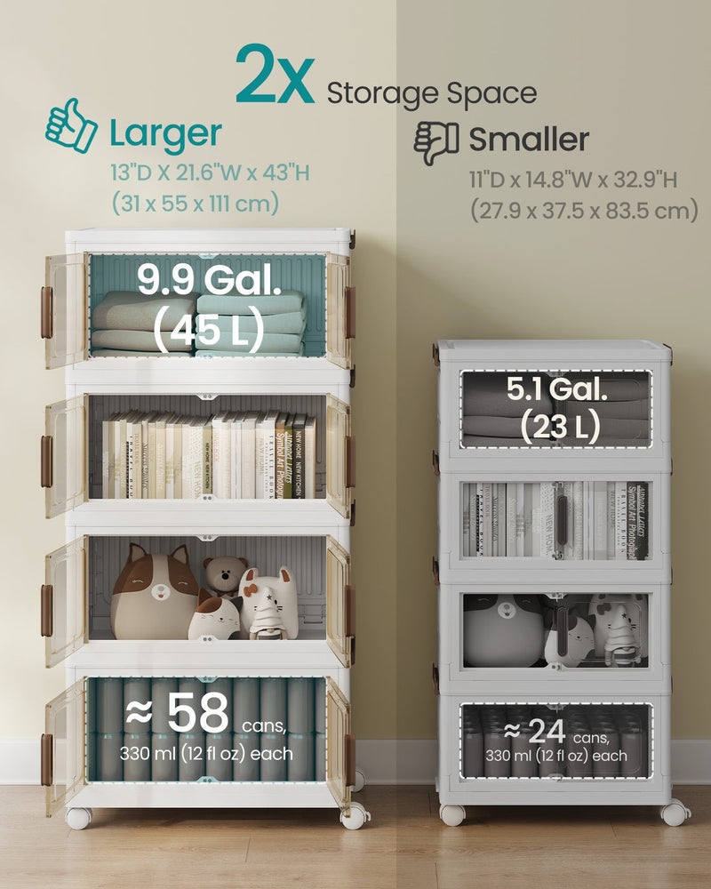 Comparison panel showing 45 L per tier in the 4-tier tower against 23 L in a smaller unit